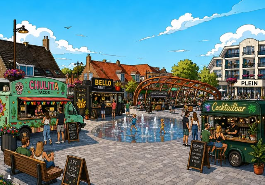 ART & EATS festival op het plein in Petten aan Zee met foodtrucks, kunst en publiek